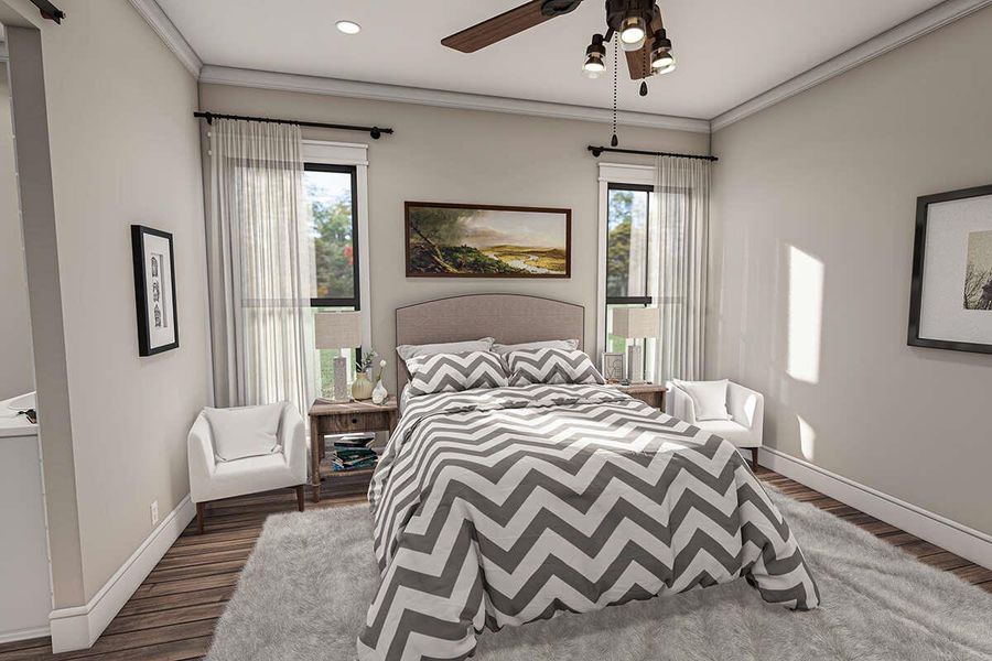 Bedroom with ornamental molding, baseboards, and multiple windows