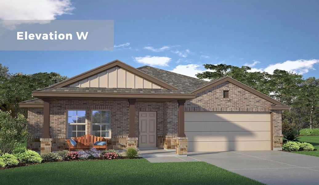 Brick exterior with stone accents, a covered entry, and an attached two-car garage Brick exterior with stone accents, a covered entry, and an attached two-car garage
