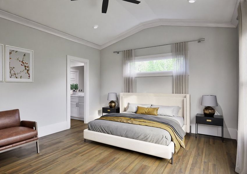Modern bedroom with a beige platform bed, gray and gold bedding. Brown leather chair by two large windows. Neutral tones and soft lighting create a calm atmosphere.