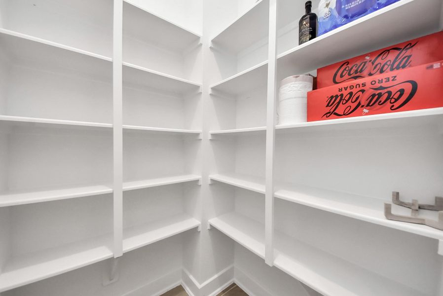 Spacious walk-in pantry with extensive shelving for organized storage.