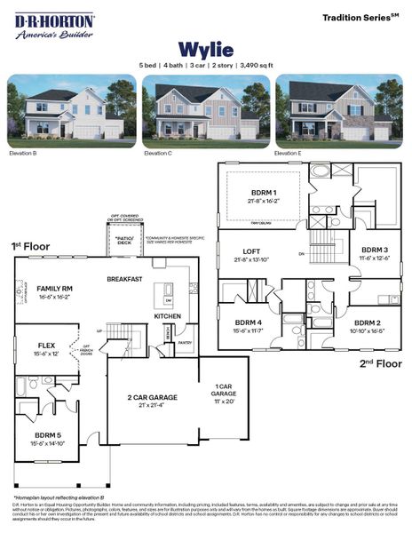 2D floor plan layout for the Wylie by D.R. Horton in The Manors at Winston Pointe, Clayton, NC (Image 3).