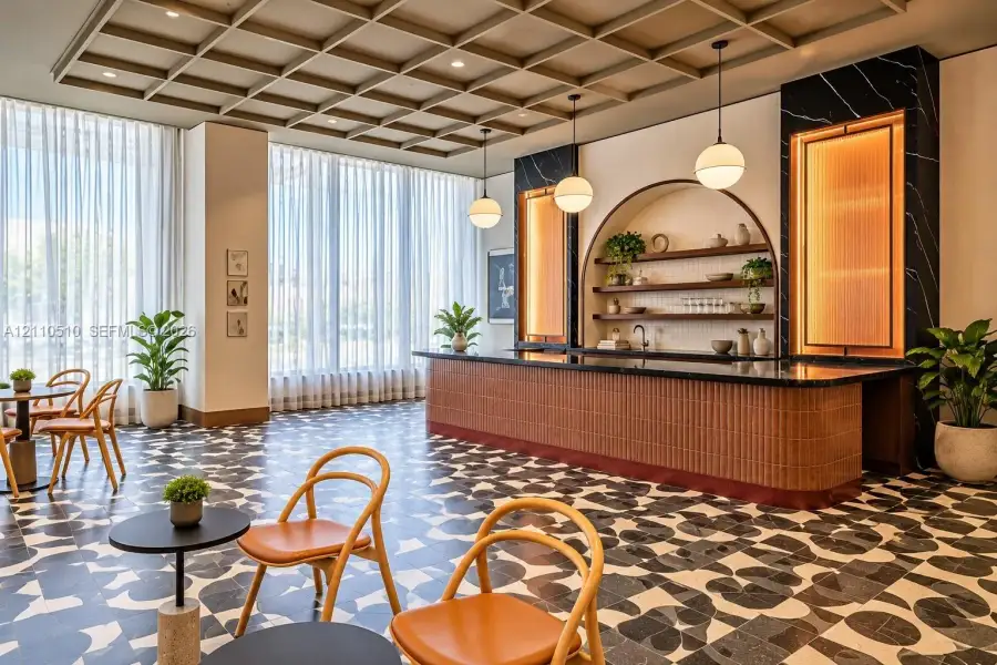 Coffered ceiling with recessed lighting, floor-to-ceiling windows, arched-niche shelving with integrated lighting, tiled bar with a stone countertop, and patterned tile flooring Coffered ceiling with recessed lighting, floor-to-ceiling windows, arched-niche shelving with integrated lighting, tiled bar with a stone countertop, and patterned tile flooring