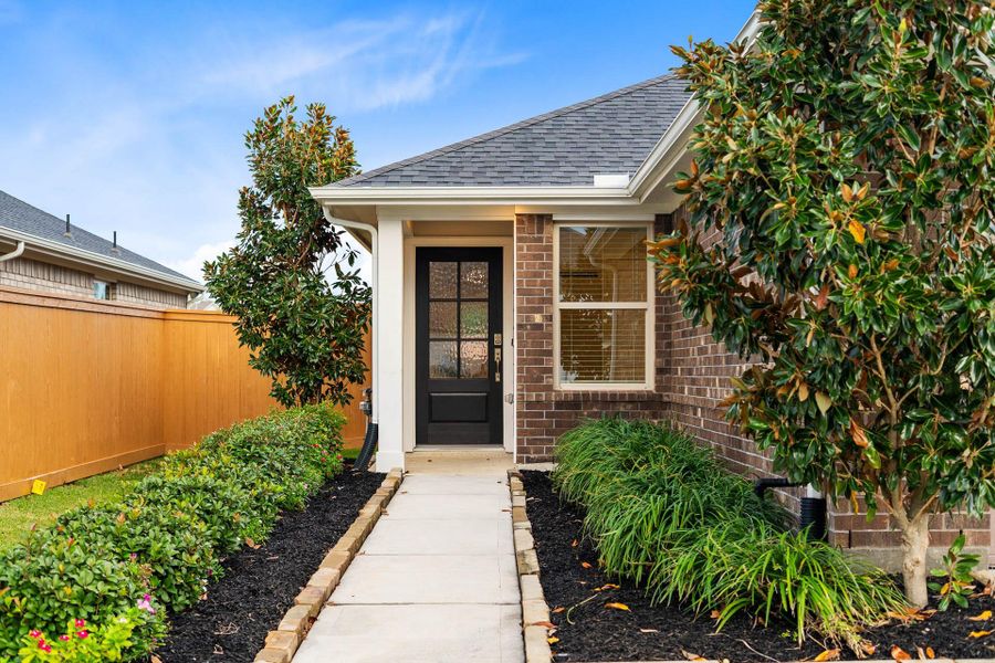 Enjoy a professionally landscaped front entrance with young magnolia trees and neat evergreen bushes that frame the path to your new home, offering a picture-perfect first impression.