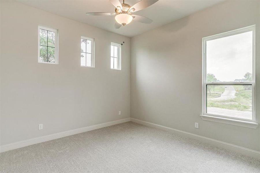 Unfurnished room with carpet and ceiling fan