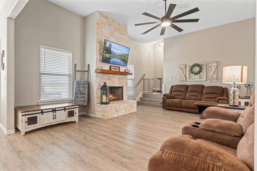 Living room open to kitchen and dining Living room open to kitchen and dining