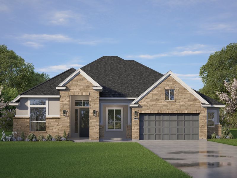 Front exterior of a new home in Riceland, Mont Belvieu, TX, highlighting curb appeal (Image 3). Front exterior of a new home in Riceland, Mont Belvieu, TX, highlighting curb appeal (Image 3).