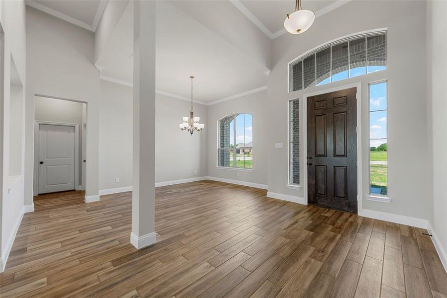 Foyer entrance with a high ceiling, a chandelier, wood finished floors, baseboards, and crown molding Foyer entrance with a high ceiling, a chandelier, wood finished floors, baseboards, and crown molding