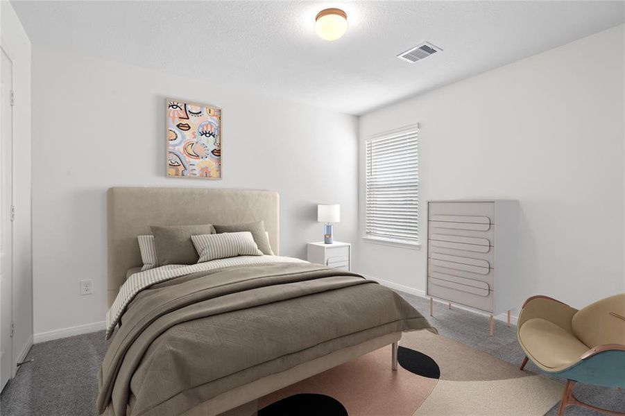 Secondary bedroom features plush carpet, custom paint and a large window.