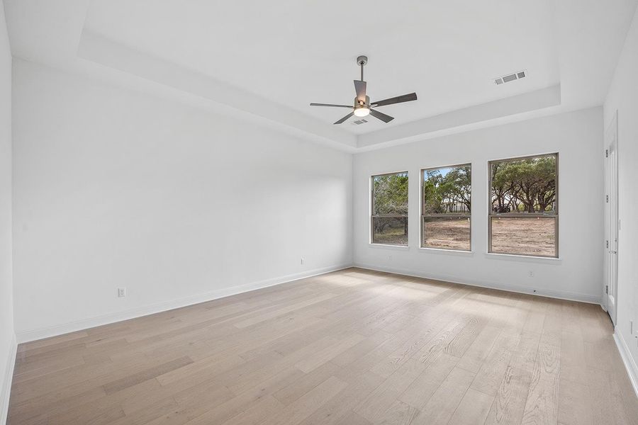 Spare room with a raised ceiling, light wood-style flooring, and ceiling fan