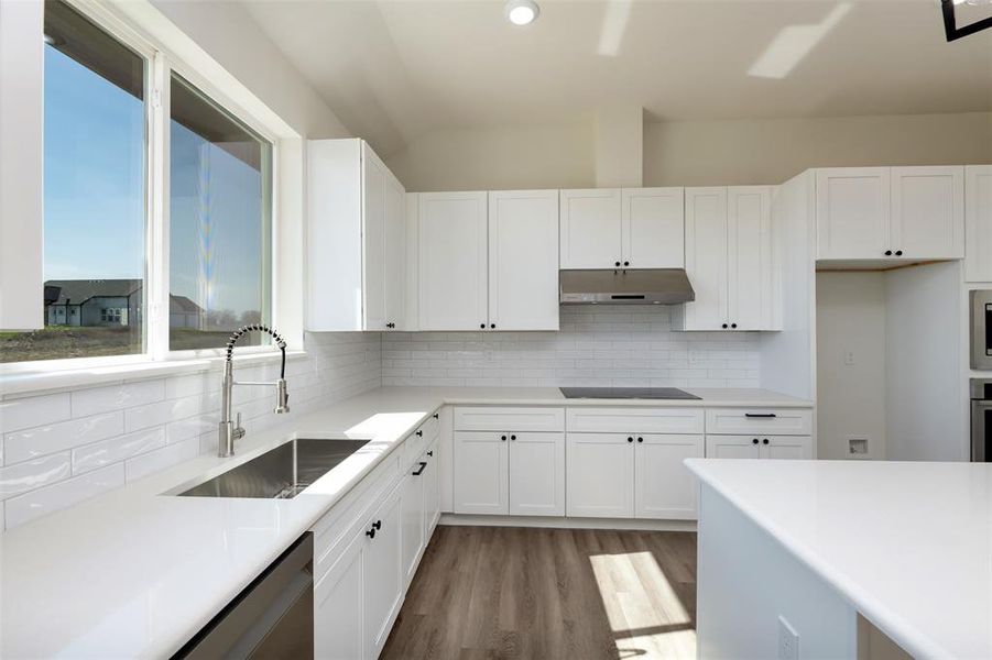 Kitchen with white cabinets, stainless steel appliances, tasteful backsplash, under cabinet range hood, and a sink