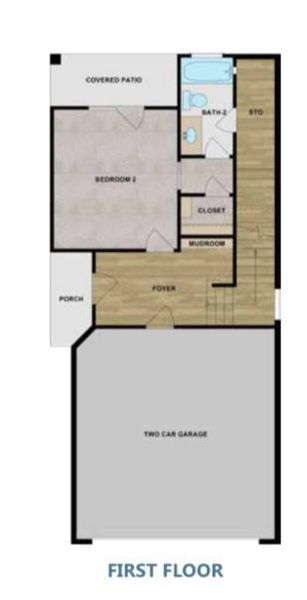 The first floor features a bedroom and a covered patio, combining comfort and outdoor living.