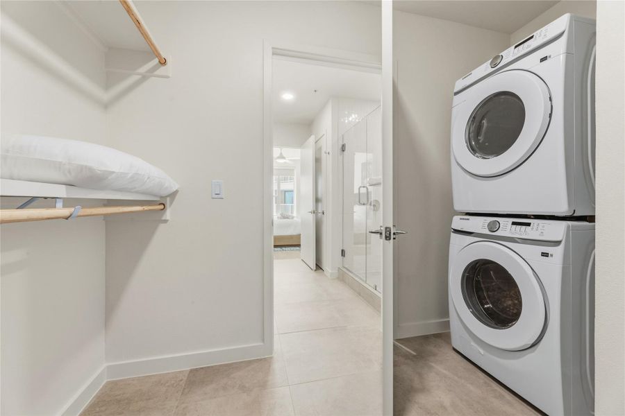 Enjoy the convenience of a stacked washer and dryer located in the closet Enjoy the convenience of a stacked washer and dryer located in the closet