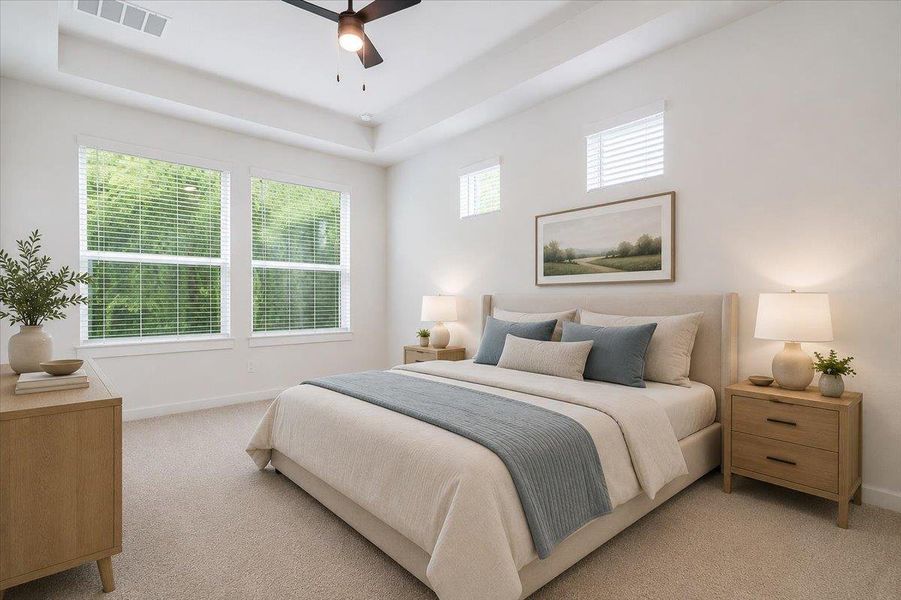 Naturally illuminated bedroom with plush carpet and a stylish tray ceiling offers comfort and tranquility.