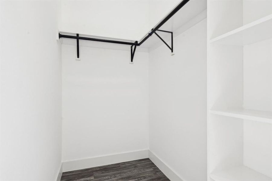 Spacious closet with dark wood-type flooring