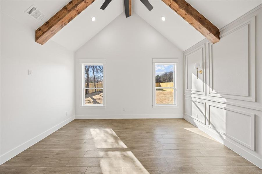 Unfurnished living room featuring light wood finished floors, recessed lighting, and ceiling fan