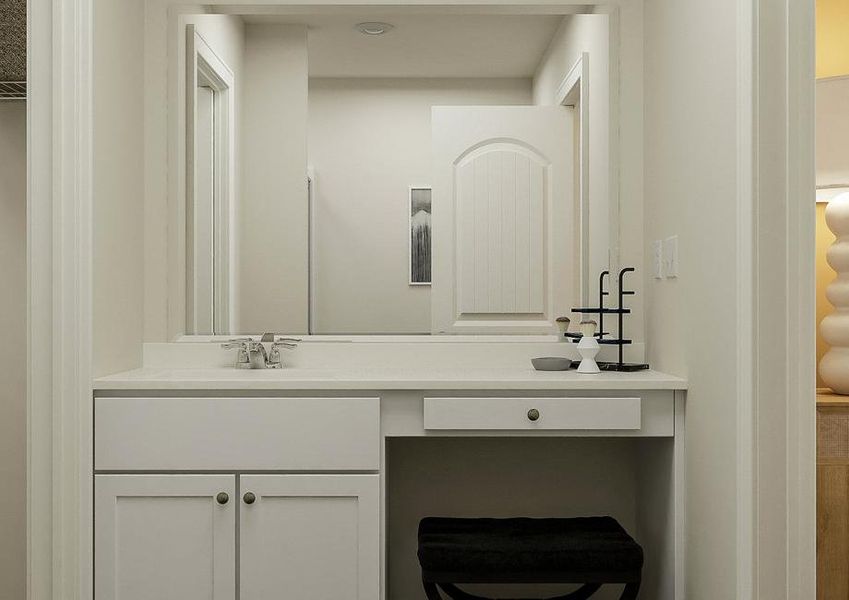 Rendering of the master bath focused on
  the sink, make-up vanity and white cabinetry. The mirror reflects that
  bathtub.