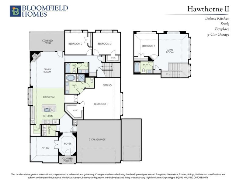 Bloomfield Homes Hawthorne II floor plan with four bedrooms, three-car garage, family room, kitchen, study, and game room.