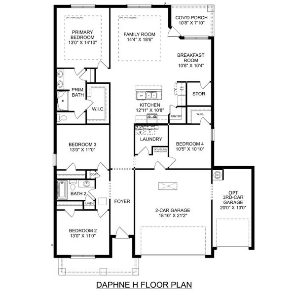 2D floor plan layout for the The Daphne by Davidson Homes LLC in Sundance Cove, Crosby, TX (Image 3).