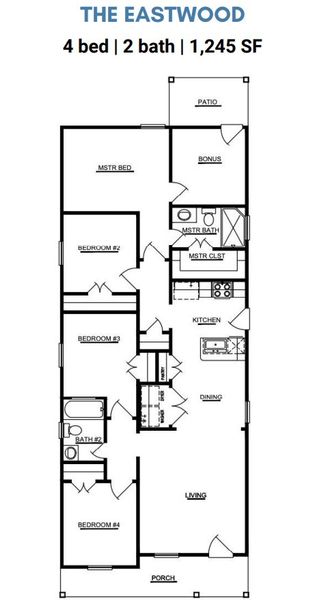 2D floor plan layout for the The Eastwood by ICONIQ Homes in Frontier Lakes, Willis, TX (Image 2). 2D floor plan layout for the The Eastwood by ICONIQ Homes in Frontier Lakes, Willis, TX (Image 2).