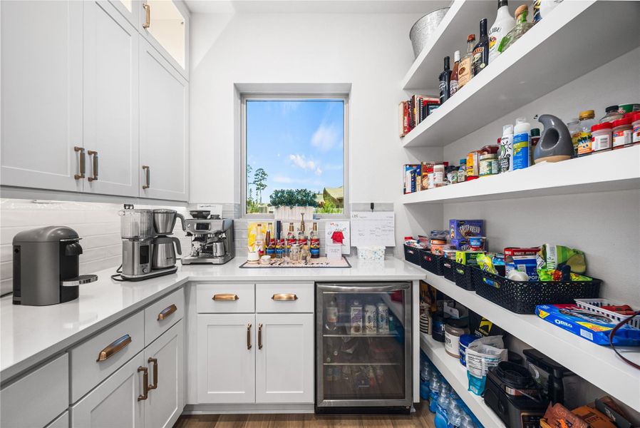 Stylish walk-in pantry providing exceptional storage and functionality.