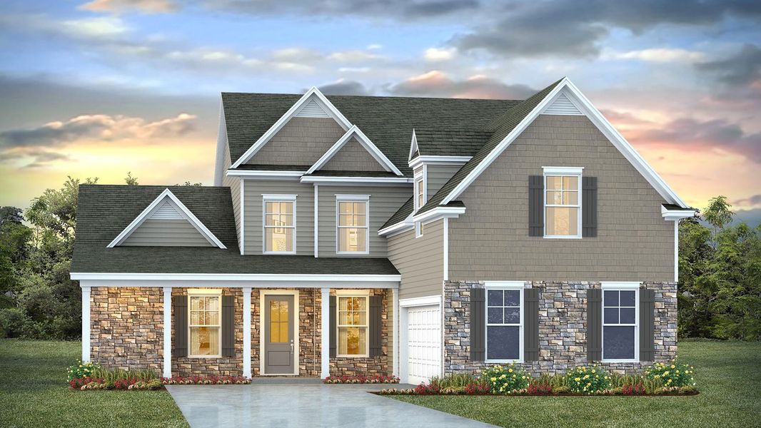 Front exterior of a new home in Auberon Woods, Conway, SC, highlighting curb appeal (Image 1). Front exterior of a new home in Auberon Woods, Conway, SC, highlighting curb appeal (Image 1).