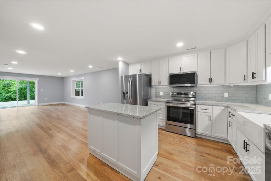 Lower level kitchen and living area with farm sink, under cabinet lighting and soft close cabinets