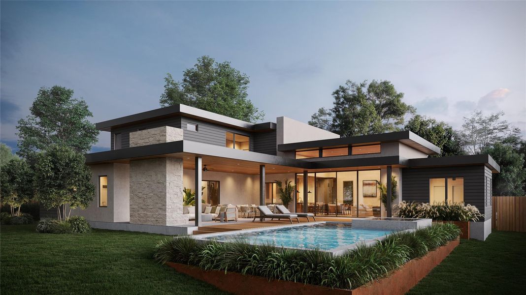 Modern exterior featuring a swimming pool with a surrounding wood-finish deck, an expansive covered patio, large sliding glass doors, and a combination of horizontal siding and stone veneer finishes Modern exterior featuring a swimming pool with a surrounding wood-finish deck, an expansive covered patio, large sliding glass doors, and a combination of horizontal siding and stone veneer finishes