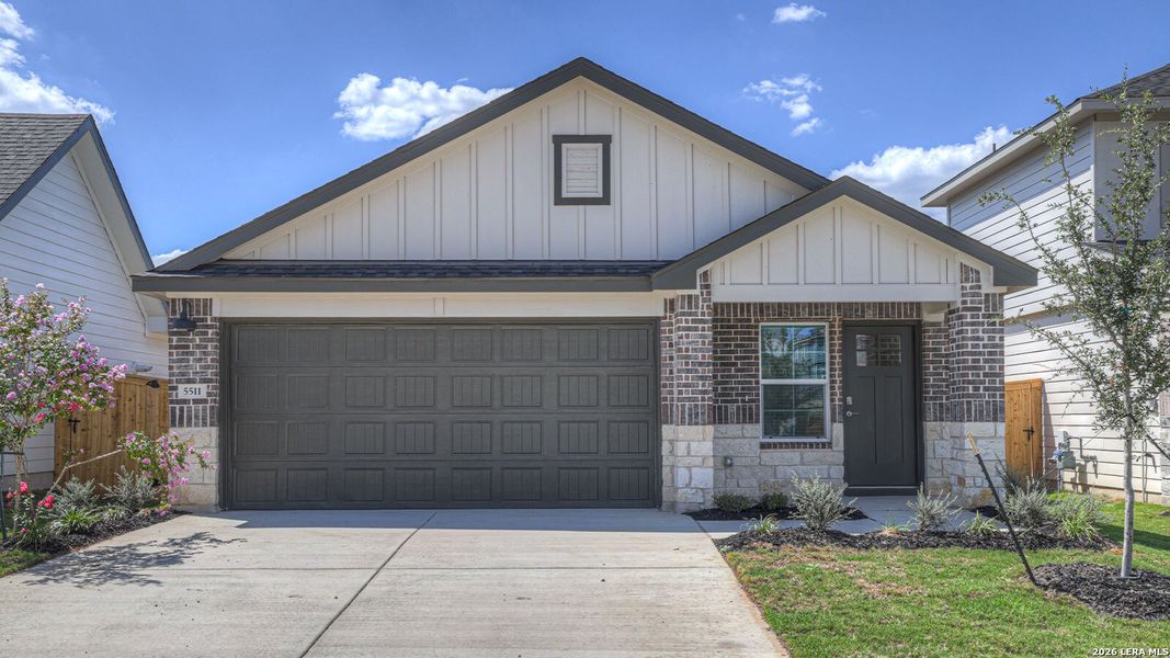 Front exterior of a new home in Mayfair, New Braunfels, TX, highlighting curb appeal (Image 1). Front exterior of a new home in Mayfair, New Braunfels, TX, highlighting curb appeal (Image 1).