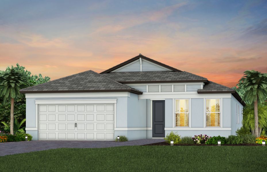 Front exterior of a new home in Longmeadow at North River Ranch, Parrish, FL, highlighting curb appeal (Image 1). Front exterior of a new home in Longmeadow at North River Ranch, Parrish, FL, highlighting curb appeal (Image 1).