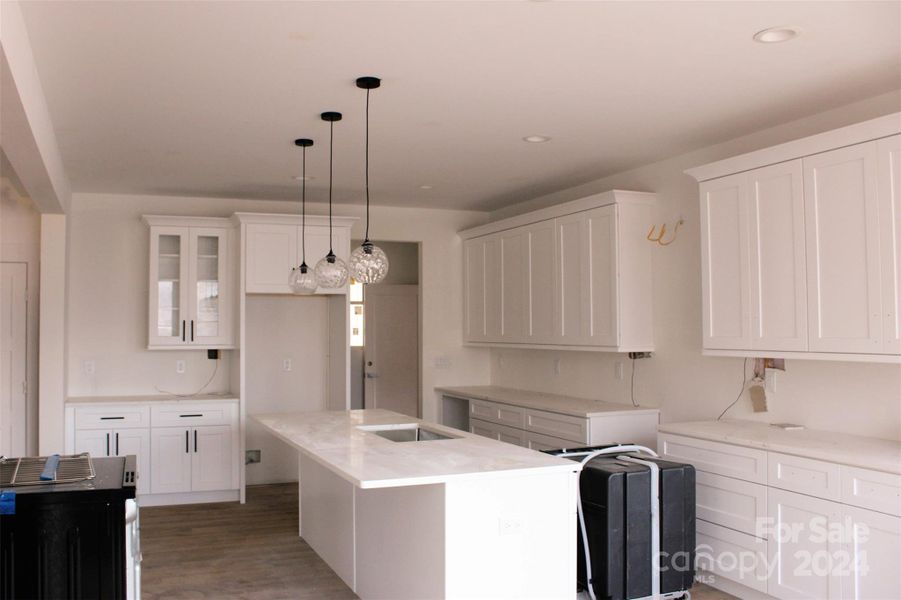 Sleek kitchen with white cabinetry, quartz counters, and pendant lights.