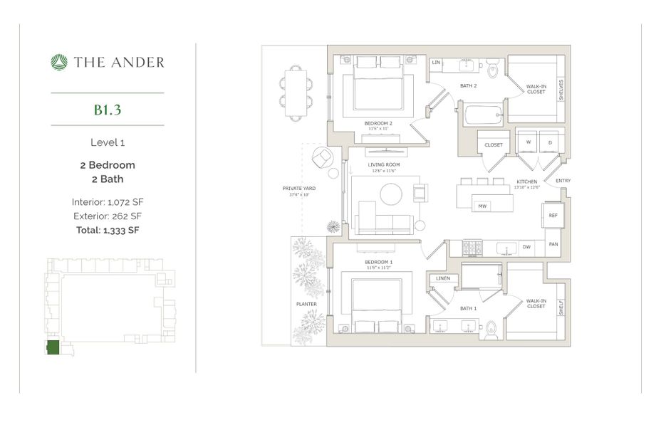 2D floor plan layout for the B1.3 by Ledgestone Development Group in The Ander, Austin, TX (Image 1).
