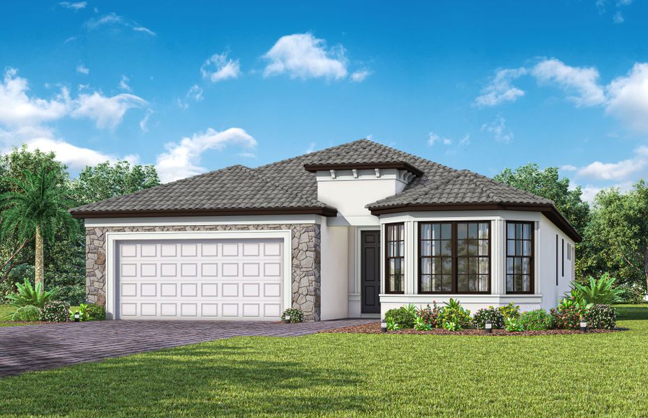 Representative exterior photo of a completed home built from the Prosperity by Del Webb in Del Webb Naples, Ave Maria, FL (Image 22). Representative exterior photo of a completed home built from the Prosperity by Del Webb in Del Webb Naples, Ave Maria, FL (Image 22).