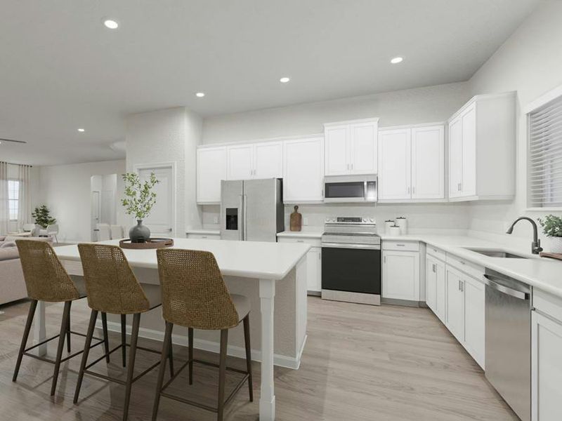 Enjoy a bright, open kitchen with quartz, 36-inch cabinets, Samsung SS appliances, and a walk-in pantry.