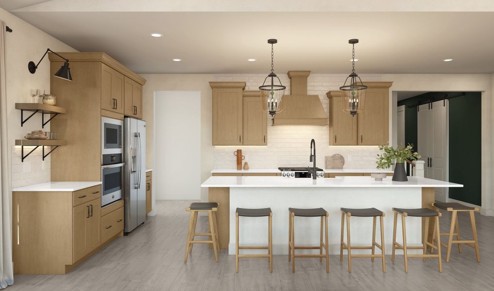 Kitchen with floating shelves and pendant lighting