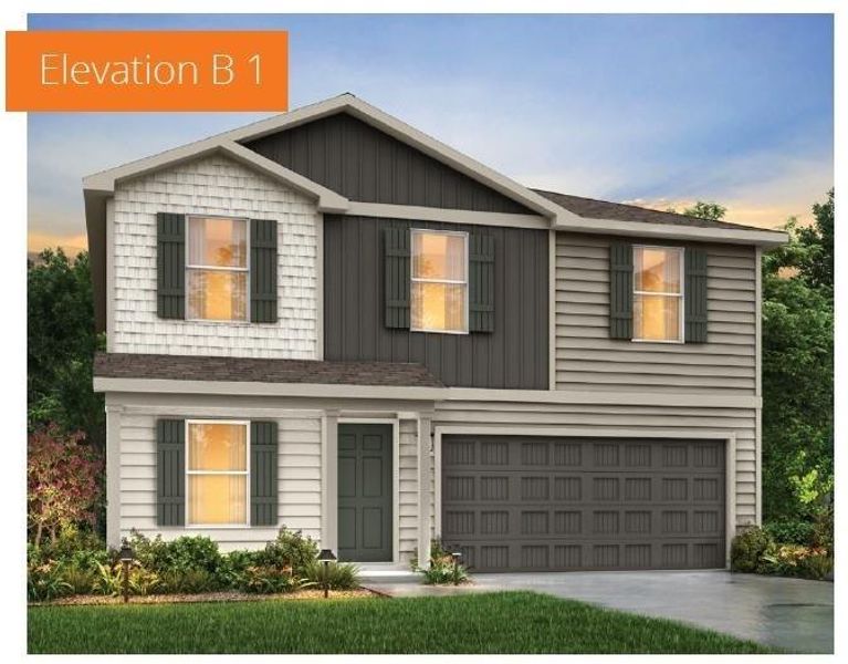 View of front facade featuring a garage, board and batten siding, driveway, and a front lawn View of front facade featuring a garage, board and batten siding, driveway, and a front lawn