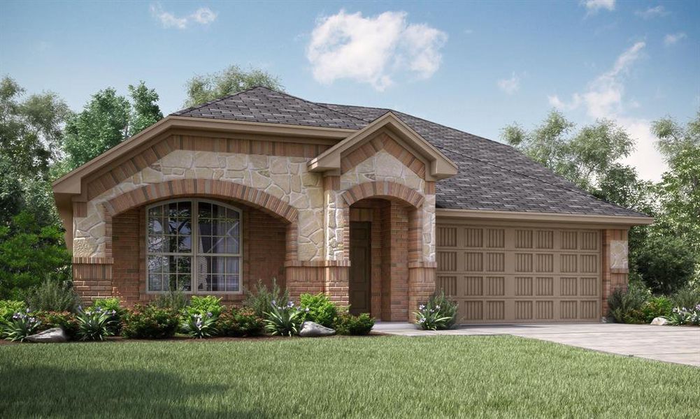 View of front facade featuring a garage and a front lawn