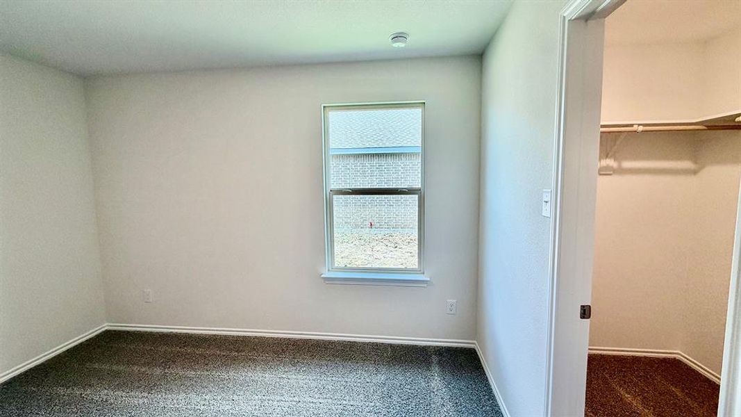 Room featuring neutral wall finishes, carpet flooring, a single window, and a built-in closet with shelving