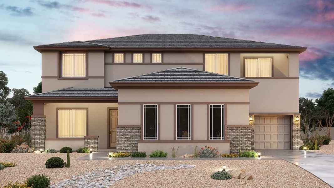 Representative exterior photo of a completed home built from the Valencia by Brightland Homes in Arroyo Seco - Palazzo, Buckeye, AZ (Image 4). Representative exterior photo of a completed home built from the Valencia by Brightland Homes in Arroyo Seco - Palazzo, Buckeye, AZ (Image 4).