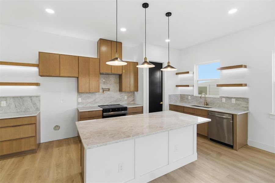 Dual tone kitchen featuring open shelves, tasteful backsplash, decorative light fixtures, black electric range oven, and two tone cabinetry
