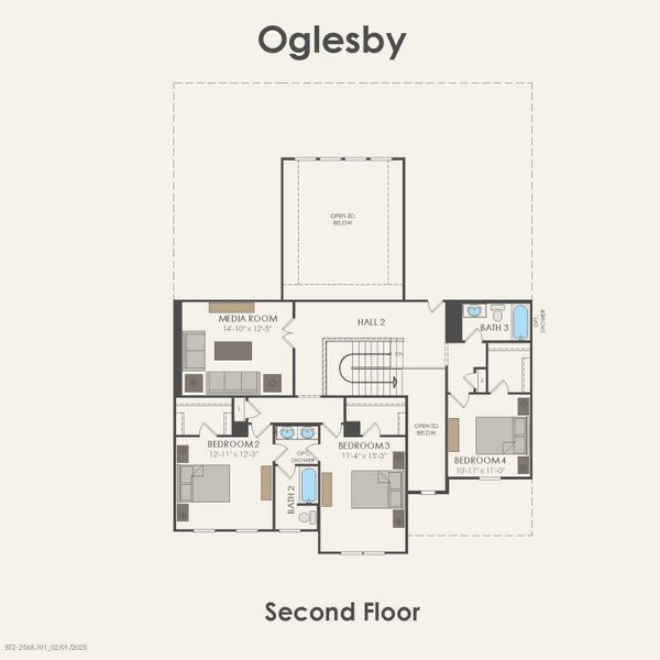 2D floor plan layout for the Oglesby by Pulte Homes in Mission Hills, Garland, TX (Image 5).