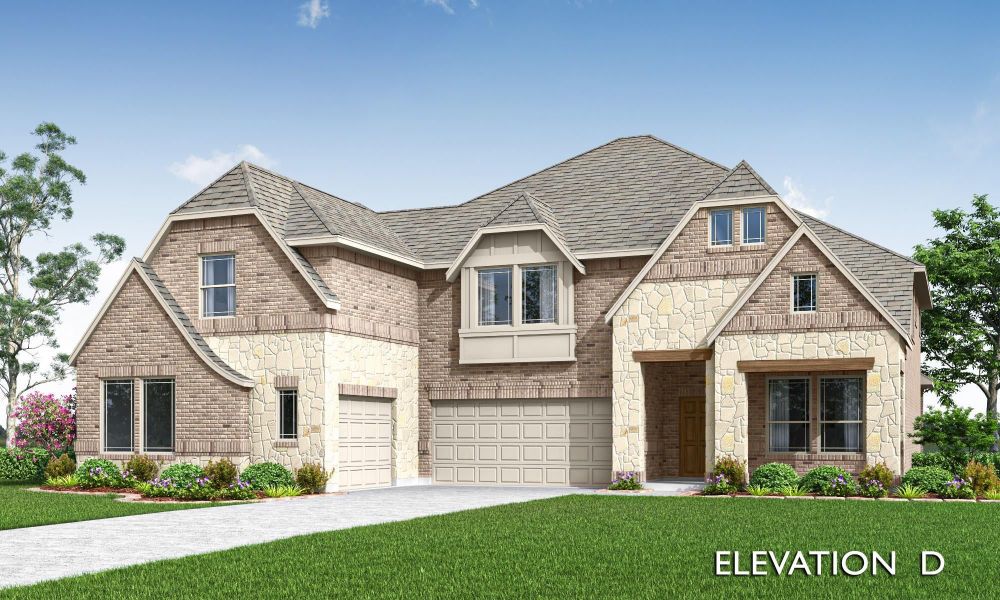 Two-story home with brick and stone exterior, two-car garage, and wood front door, Elevation D Two-story home with brick and stone exterior, two-car garage, and wood front door, Elevation D