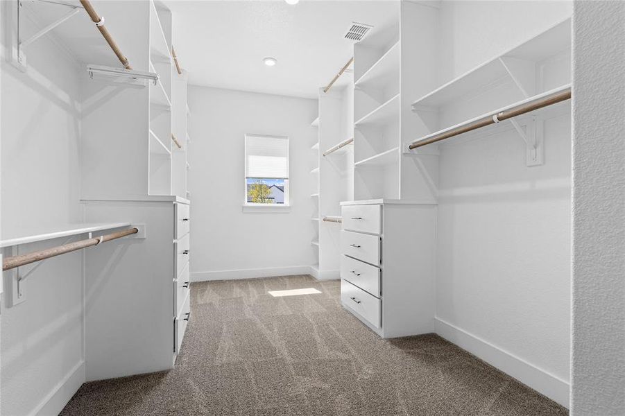 Walk in closet featuring light carpet