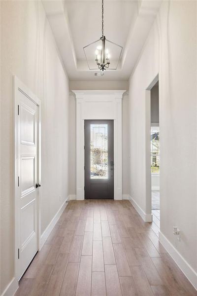 Foyer with a healthy amount of sunlight, a raised ceiling, and an inviting chandelier