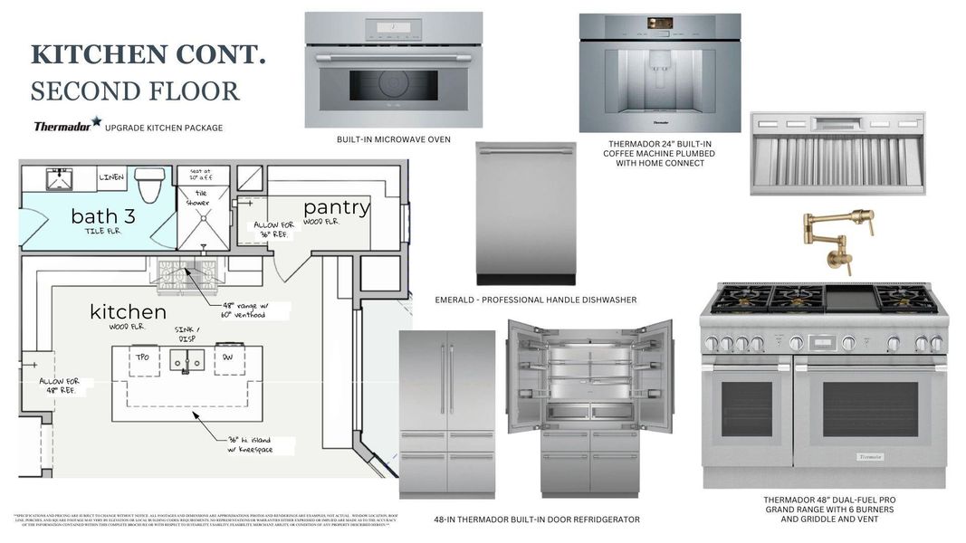 Premium Thermador Appliance suite with 48” Dual-Fuel Professional Range, Built-in Refrigeration, Dishwasher, Microwave, and plumbed Coffee system.