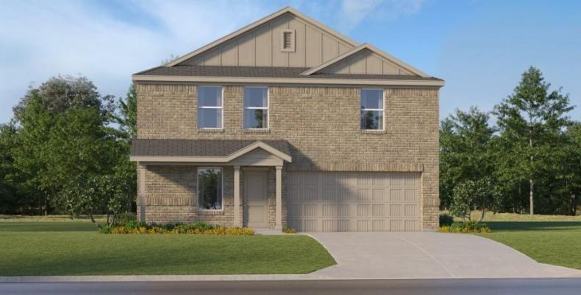 Front exterior of a new home in Samara: Watermill Collection, League City, TX, highlighting curb appeal (Image 1). Front exterior of a new home in Samara: Watermill Collection, League City, TX, highlighting curb appeal (Image 1).