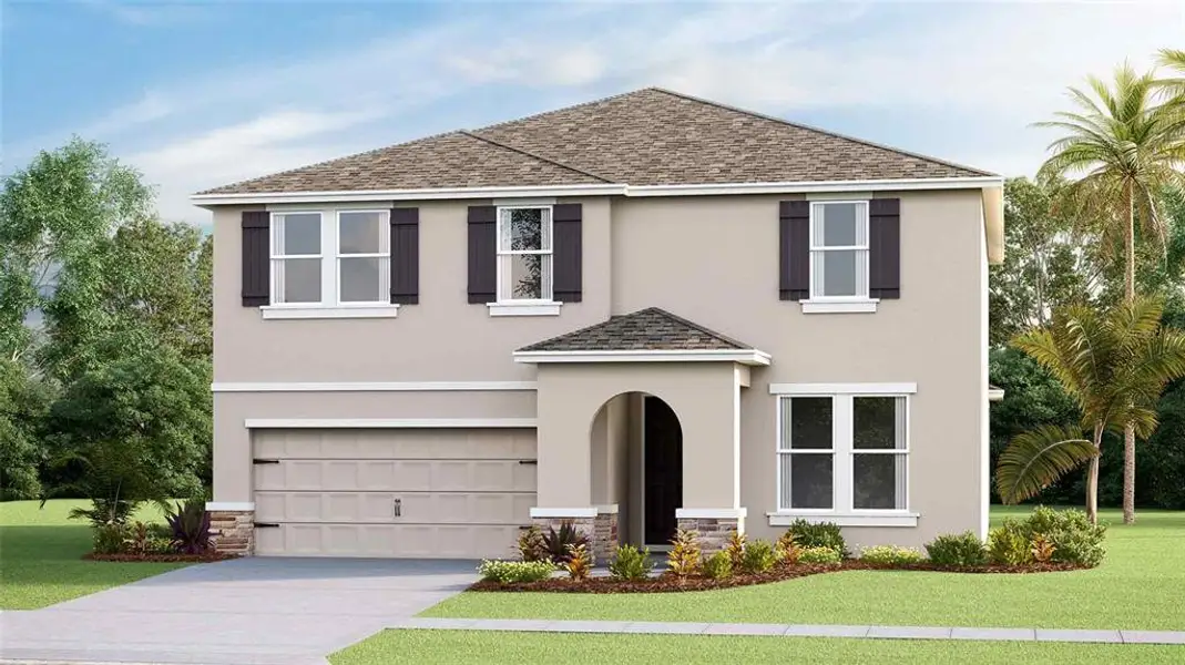 Front exterior of a new home in Deerbrook, Land O' Lakes, FL, highlighting curb appeal (Image 1).