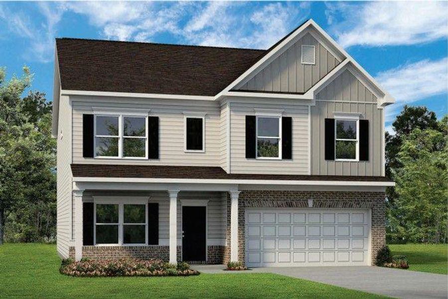 Front exterior of a new home in Glen at Cave Springs, Douglasville, GA, highlighting curb appeal (Image 1). Front exterior of a new home in Glen at Cave Springs, Douglasville, GA, highlighting curb appeal (Image 1).