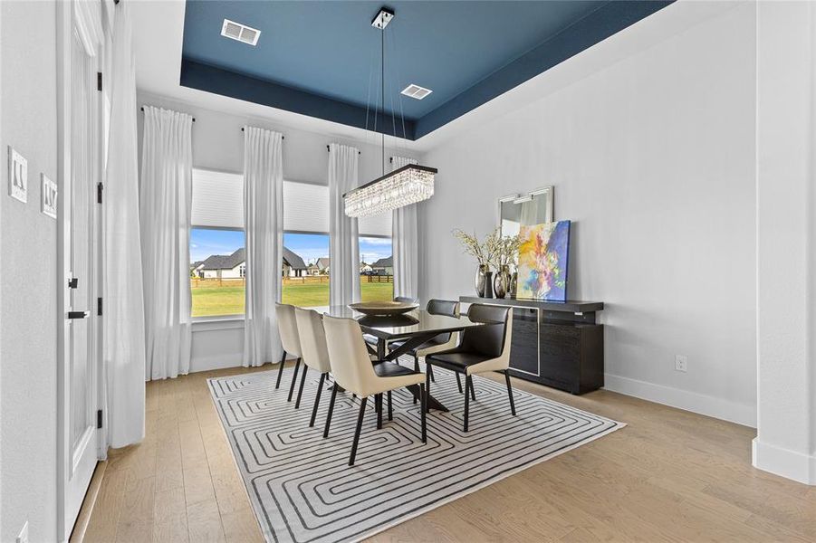 Dining room with a raised ceiling and light wood-style flooring