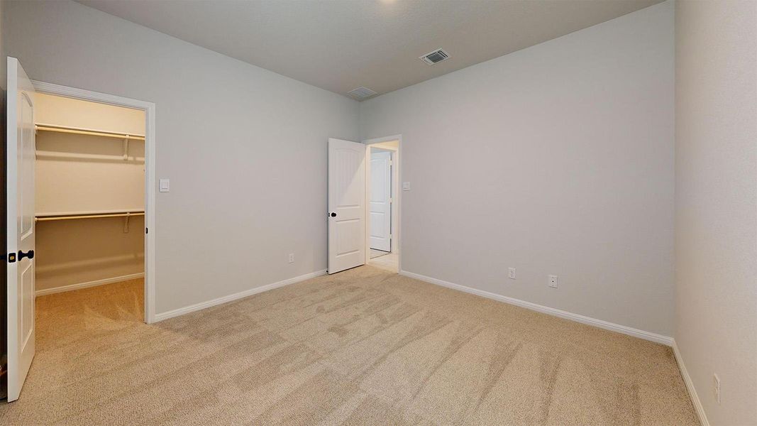 Unfurnished bedroom with a walk in closet and light carpet Unfurnished bedroom with a walk in closet and light carpet