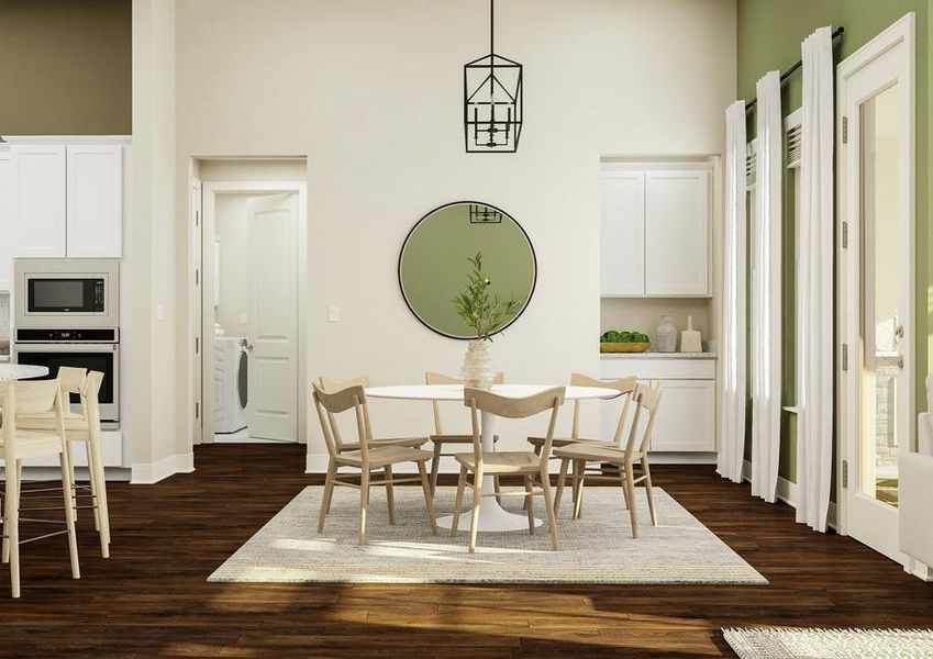 Rendering of a dining space showing a
  round table and chairs under a black light fixture on a white rug, with
  cabinetry and laundry room in the background and dark wood look flooring
  throughout.